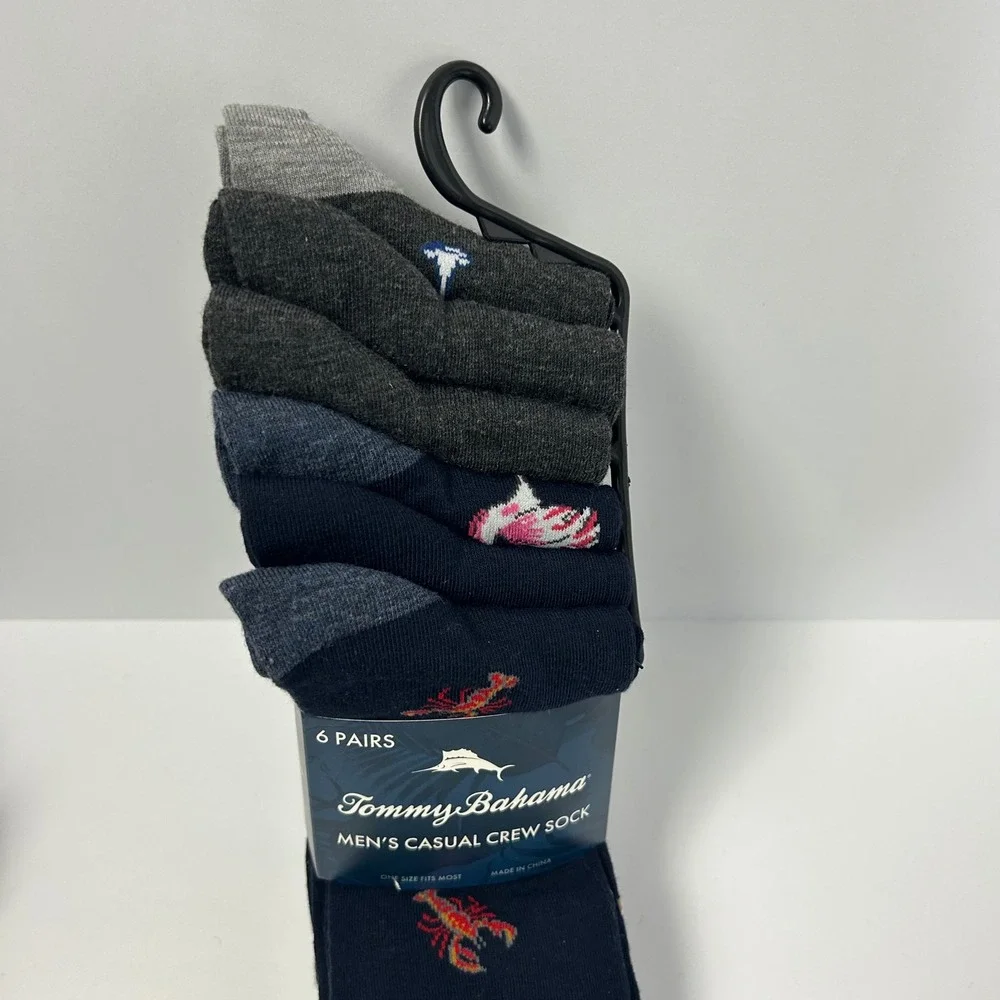 Tommy Bahama Mens 6 Pairs Casual Crew Socks One Size Lobster Palm Tree Navy Gray